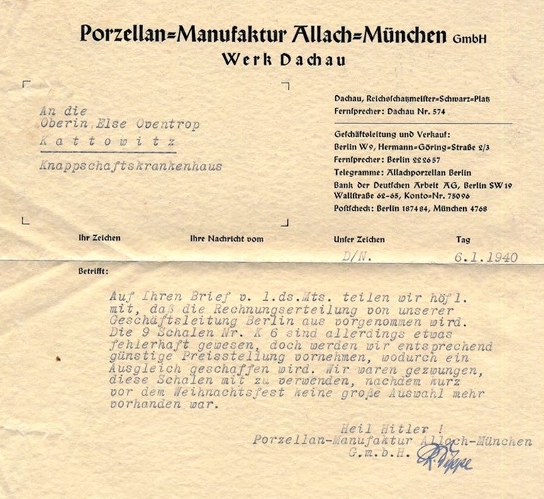 Brief Porzellanmanufaktur Allach München GmbH Werk Dachau